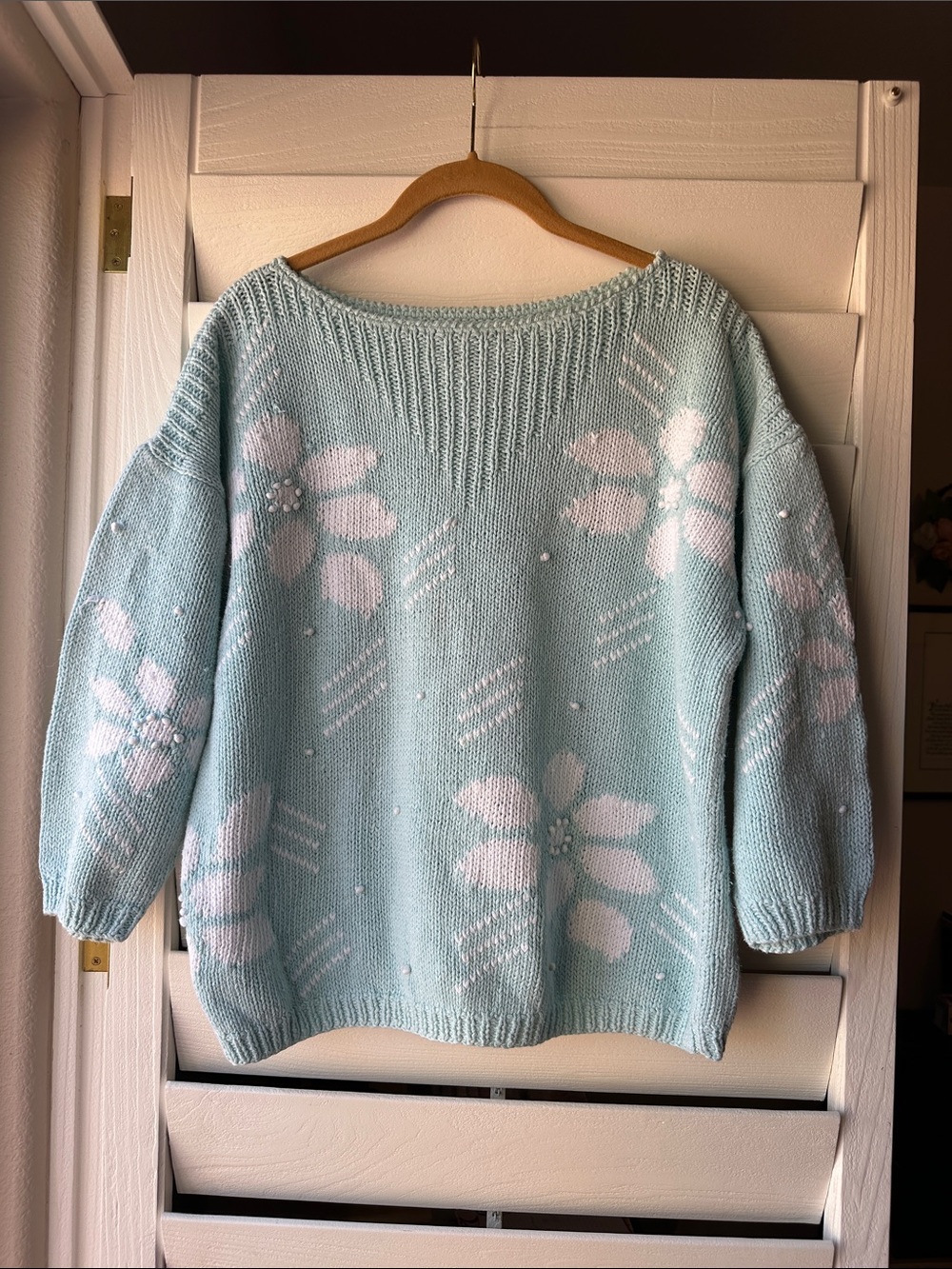 Vintage 70s 80s Mint Green Floral Sweater Pull Over Top Medium Large